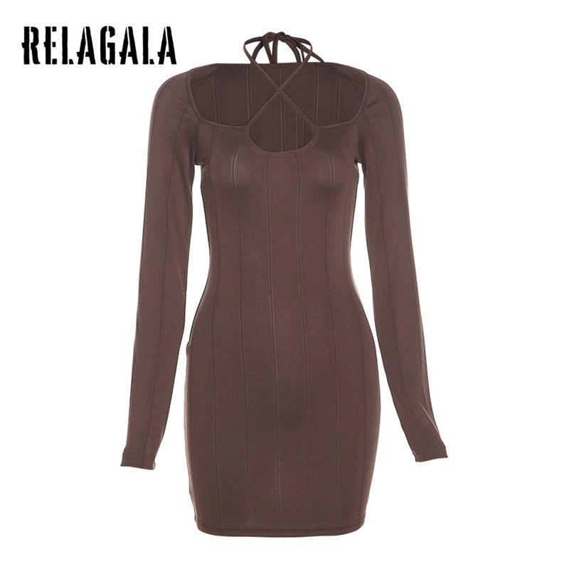 Đầm ôm Dài Tay Lưng Cao Màu Trơn Relagala