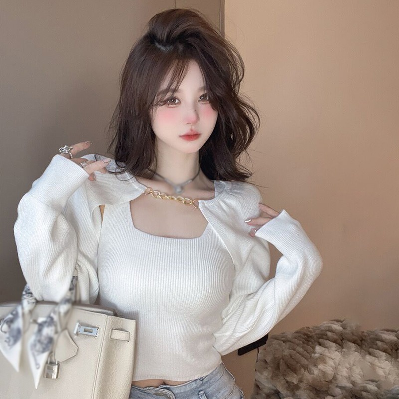 Set Áo Len Không Tay Màu Sắc Đơn Giản + Áo Sơ Mi Dài Tay Phối Dây Xích Phong Cách Hàn Quốc