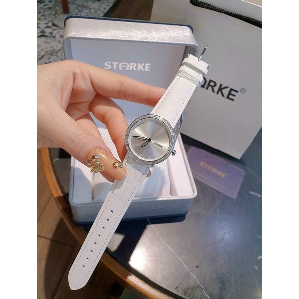 Đồng hồ dây da nữ STARKE CHÍNH HÃNG FULLBOX DÂY TRẮNG MẶT TRẮNG VIỀN BẠC SANG TRỌNG