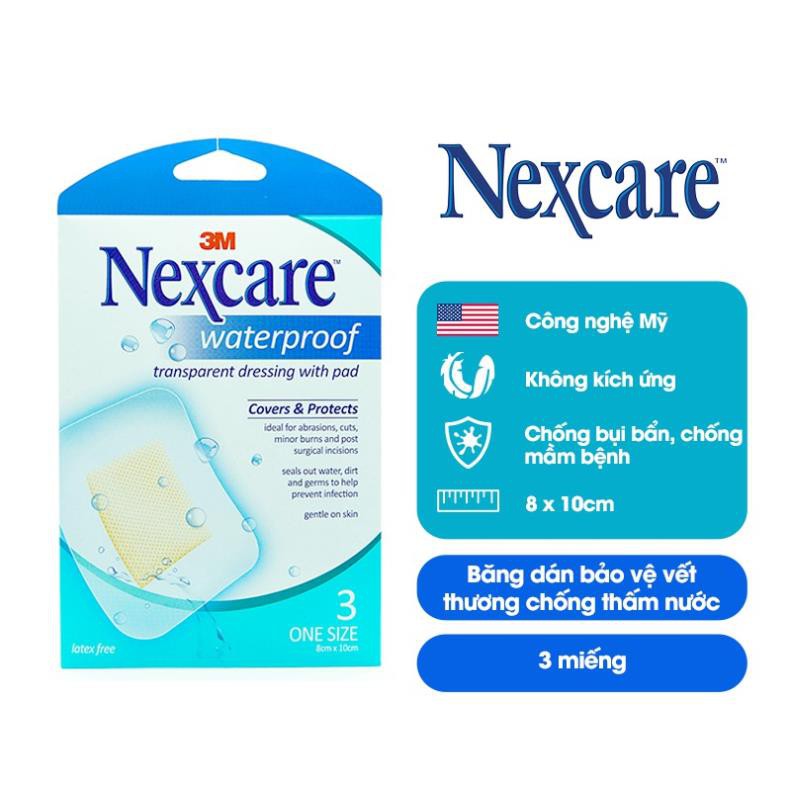 (hàng chính hãng) Băng dán bảo vệ vết thương có gạc Nexcare 3M B100 chống thấm nước 8x10cm gói 3 miếng rất hiệu quả