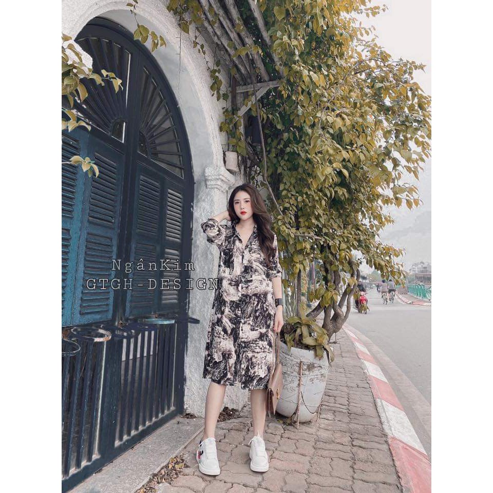 Váy Sơ Mi Dáng Dài Họa Tiết Lụa Loang Xinh Xắn