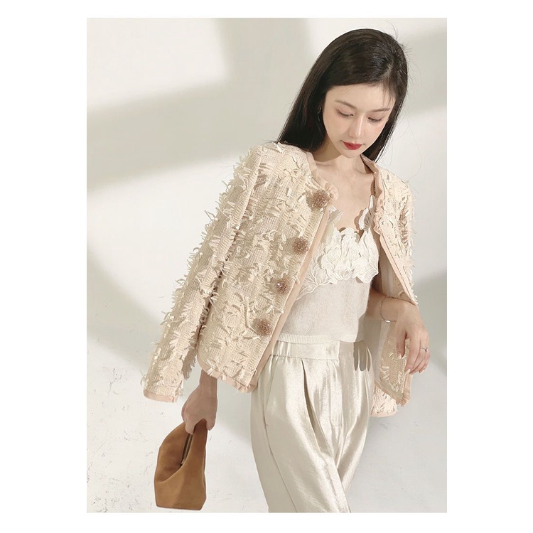 Xiaoxiang Áo Khoác Ngắn Cài Nút Họa Tiết Hoa Tua Rua Phong Cách Phương Tây Cho Nữ