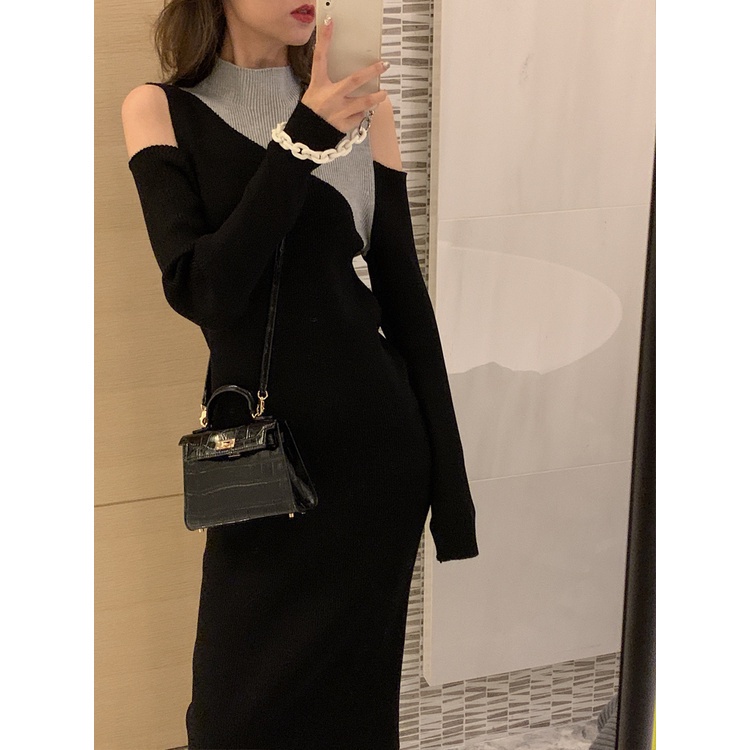 Đầm midi SUXI cổ cao tay dài thiết kế hở vai phong cách Hàn Quốc thời trang mới