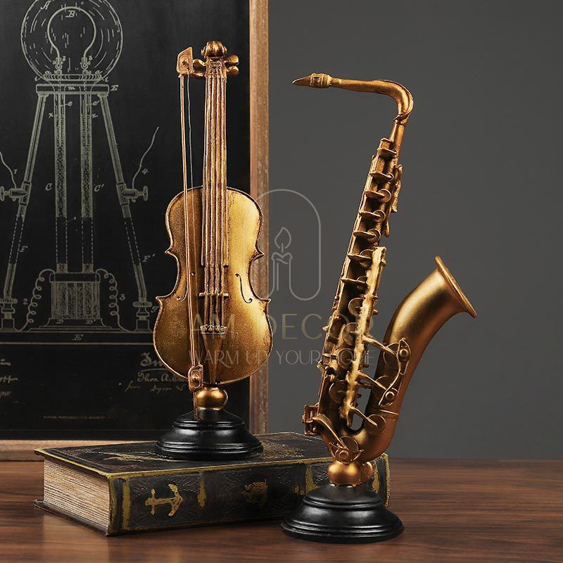Tượng Nhạc cụ Kèn Saxophone, Đàn Violin retro mô hình decor trang trí tủ TV, phòng khách sang trọng - AM Decor