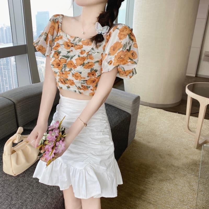 Set Áo Trễ Vai Hoa Kèm Chân Váy Nhúm Cao Cấp , Set Trễ Vai Hoa Nhúm Mặc 2 Kiểu Siêu Xinh
