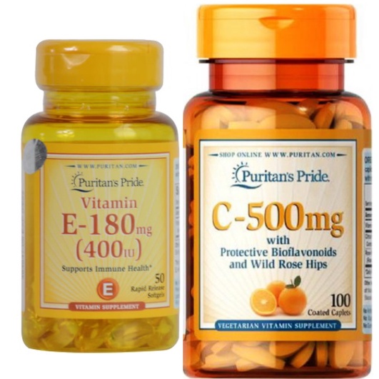 Combo chống lão hóa, dưỡng ẩm làm sáng da tăng cường miễn dịch - Puritan's Pride Vitamin C 500mg & Vitamin E400IU 50v