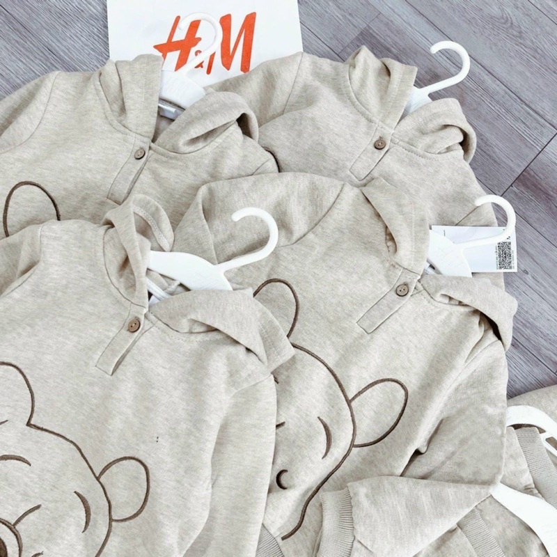 Bộ nỉ bông mũ tai gấu pooh màu be cho bé