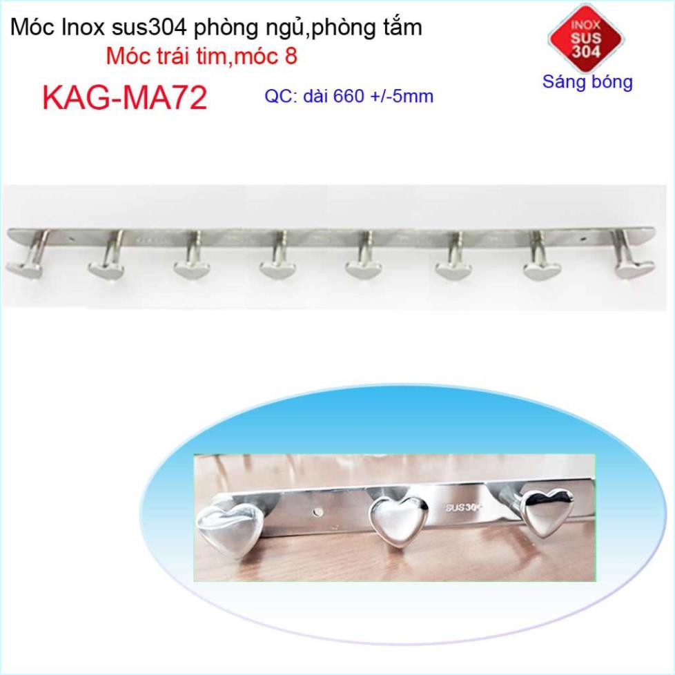 Móc treo quần áo inox 304 cao cấp dày, móc tim Kace 8 móc treo đồ nhà tắm KAG-MA72