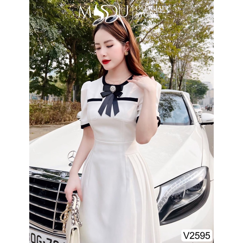 Đầm nữ dáng xòe tay bồng xếp ly eo công sở trắng viền đen V2595 - THỜI TRANG THIẾT KẾ MDU