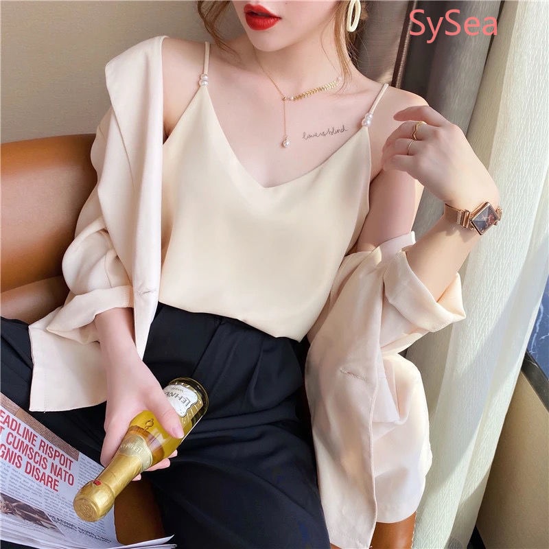 Áo Voan Hai Dây Đính Ngọc Trai Thời Trang Mùa Hè Pháp Cho Nữ