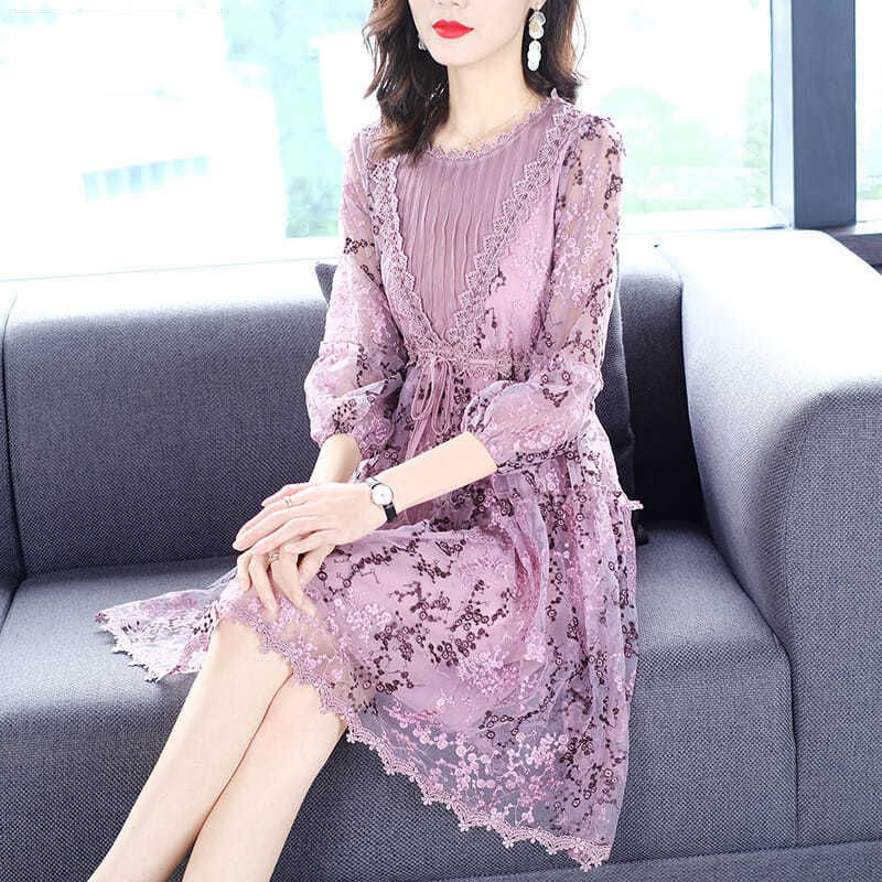 Đầm Nữ Màu Tím Phối Ren Hoa Thời Trang Mùa Thu 2020