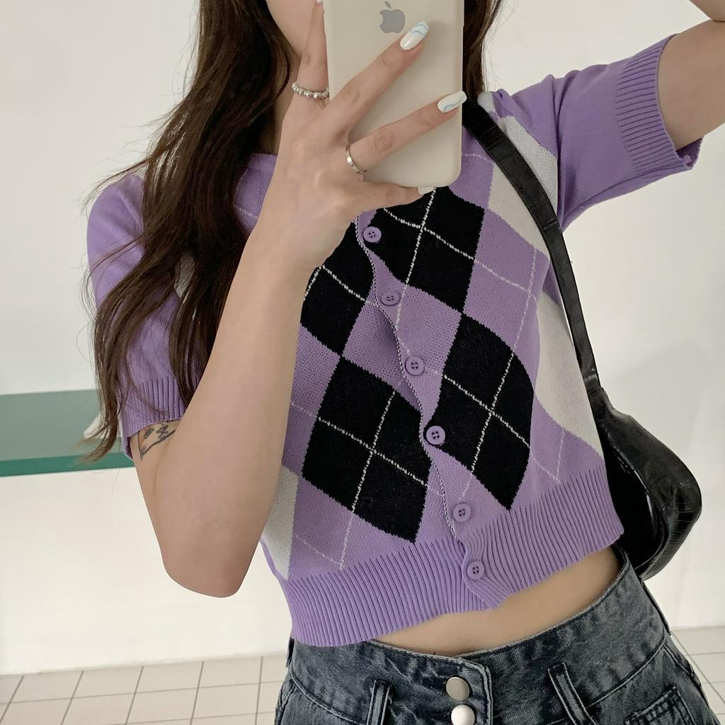 Áo lửng tay ngắn in họa tiết caro phong cách quyến rũ cho nữ