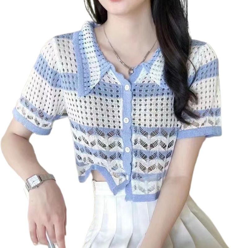 Áo Khoác Cardigan Dệt Kim Cài Nút Tay Ngắn Họa Tiết Kẻ Sọc Thời Trang Mùa Hè Cho Nữ