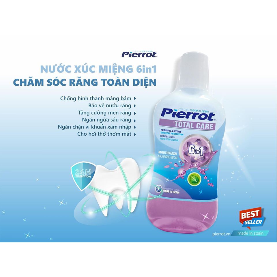 Nước súc miệng chăm sóc răng miệng hàng ngày Total Care 6 in 1 Pierrot 500ml, hương bạc hà/Tây Ban Nha