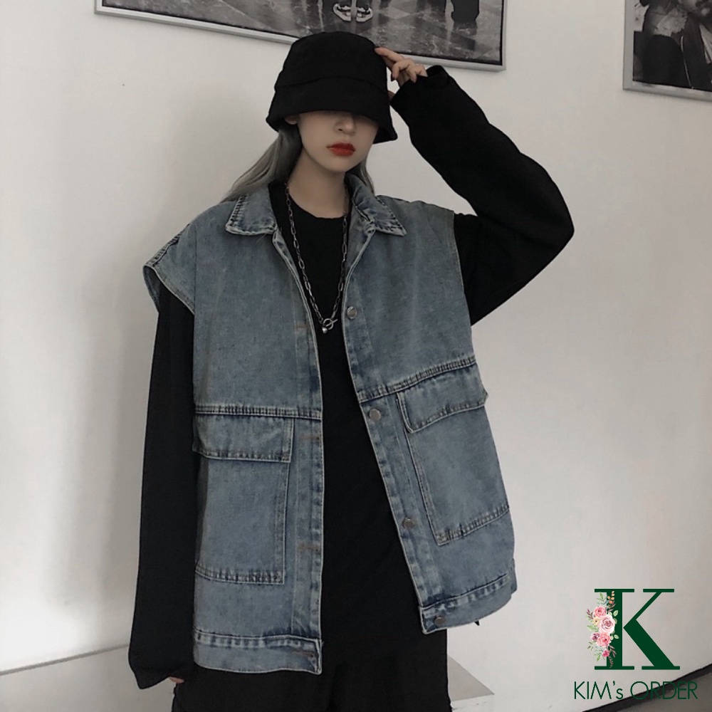 Áo Gile Bò Nam Nữ Phong Cách Cá Tính Áo Khoác Jeans Dáng Rộng Ulzzang Unisex Hàn Quốc Màu Xanh Màu Đen Đủ Size
