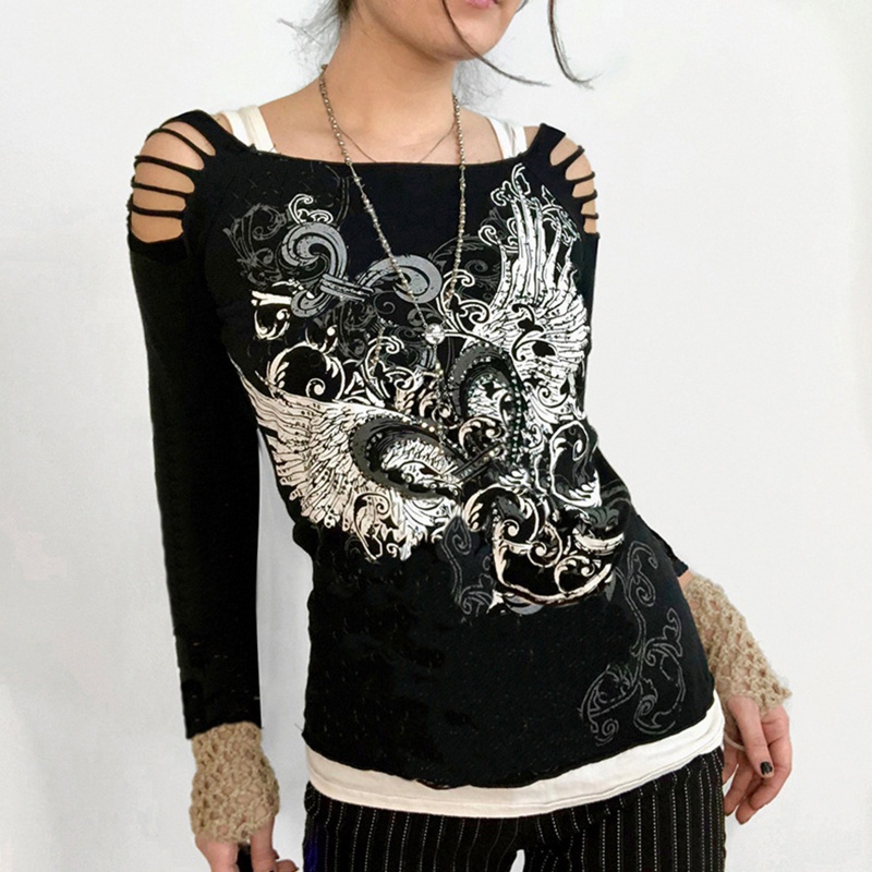 Áo Thun Tay Dài Giả 2 Mảnh In Họa Tiết Bướm Trái Tim Phong Cách Harajuku Gothic Punk Dành Cho Bạn Nữ