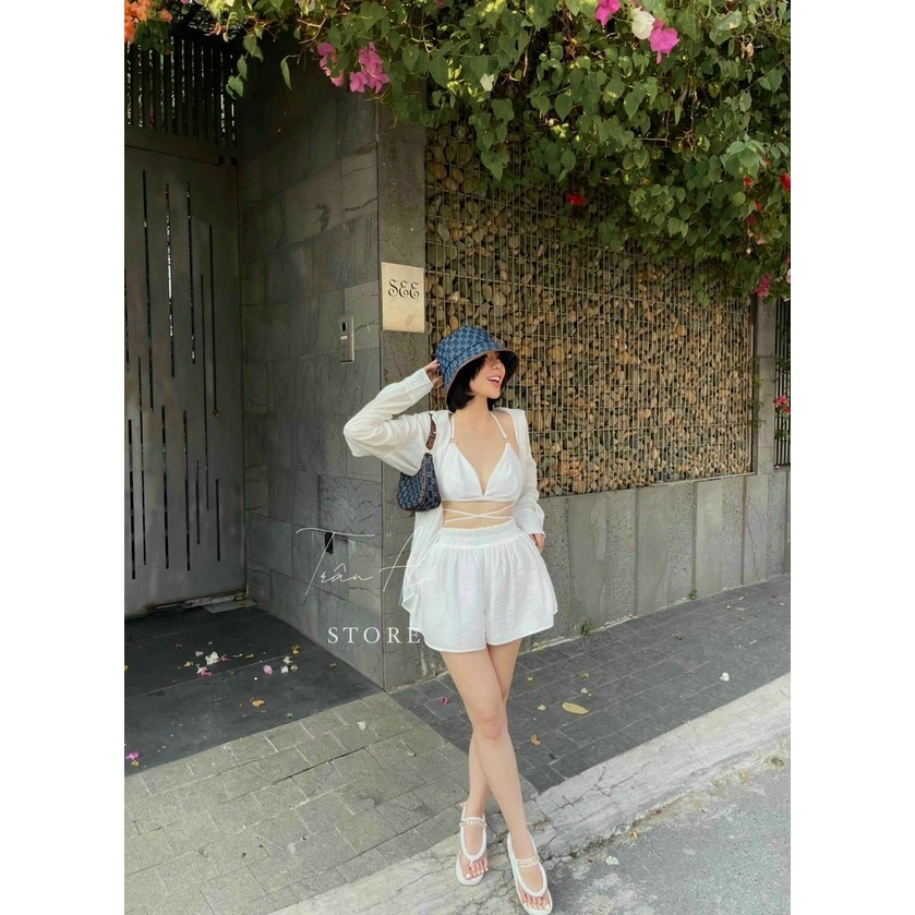 [8.8 Sales Freeship] Set bikini 3 món đi biển, áo bra 2 dây kèm khoác sơ mi ngoài quần đùi sexy dx