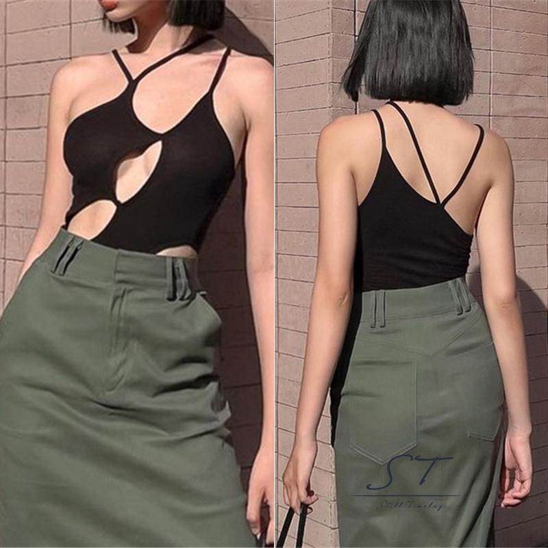 NFW- Đồ liền thân hai dây hở lưng màu trơn có gân không đều cho nữ