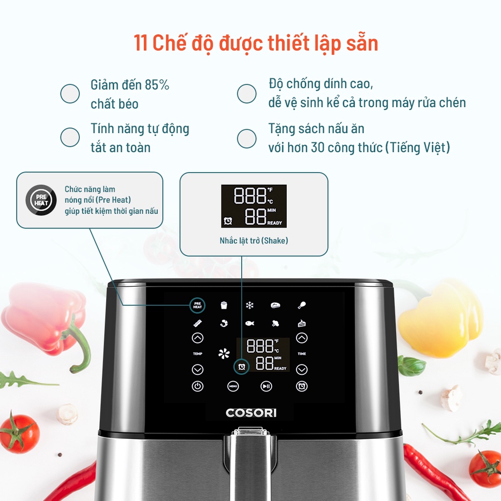 Nồi chiên không dầu Cosori CP258-AF-RAM (5.5 lít) Vỏ thép - Chính hãng bảo hành 2 năm