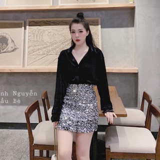 Set Áo sơ mi nhung Chân váy kim tuyến