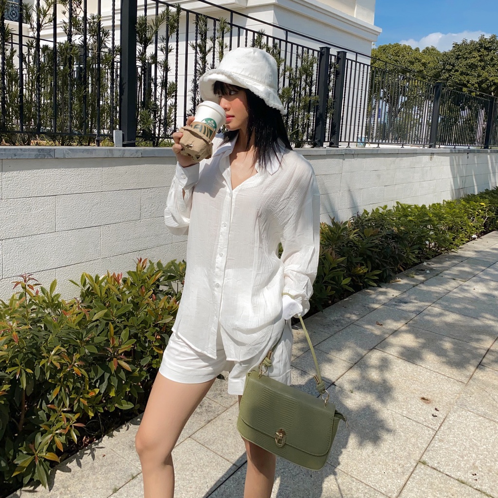 Áo sơ mi nữ dài tay TOPTIFY vải lụa nhăn trơn basic form rộng ulzzang phong cách vintage sva02