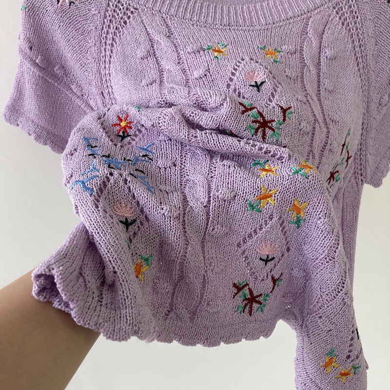 Áo Thun Dệt Kim Cổ Tròn Thêu Họa Tiết Xinh Xắn Kiểu Hàn Quốc Cho Nữ