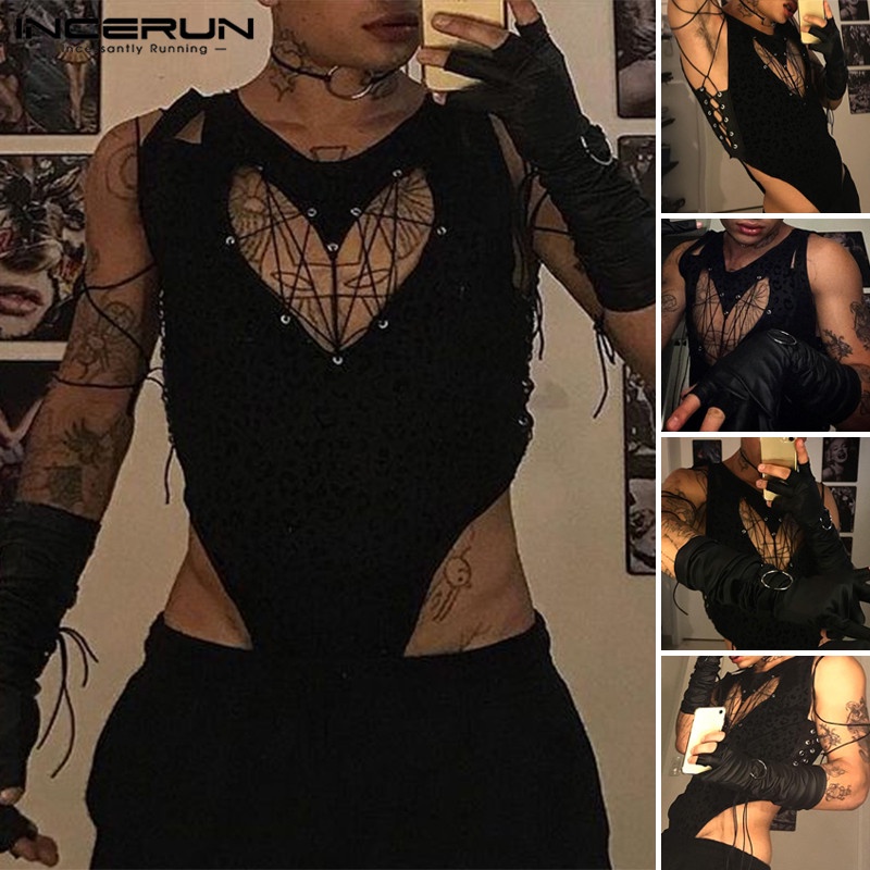 Bộ áo liền quần INCERUN thiết kế không tay xuyên thấu họa tiết da báo quyến rũ cho nam