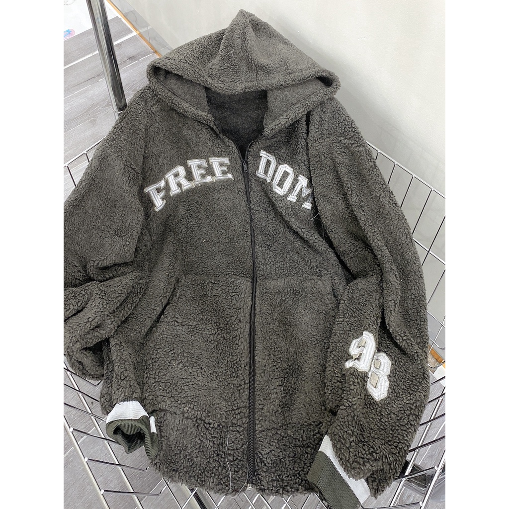 Khoác Lông Mũ Rộng Fre Nam Nữ Chất Lông Cừu Dáng Rộng Giữ Nhiệt Unisex Thêu Chữ Basic