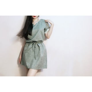 Đầm linen tay ren dây rút eo