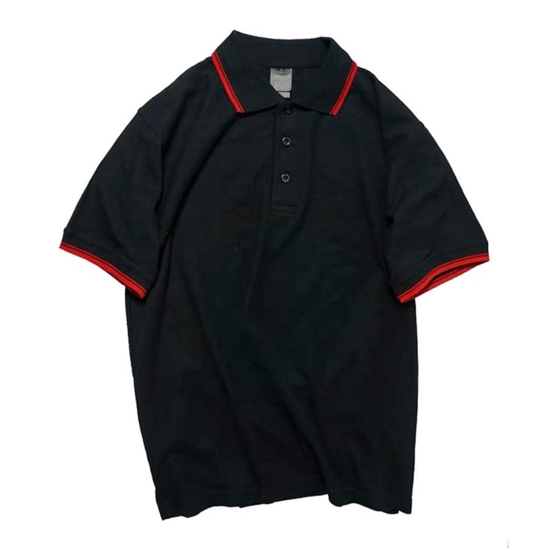 ÁO POLO NAM ĐEN TRẮNG CỔ & TAY VIỀN ĐỎ .