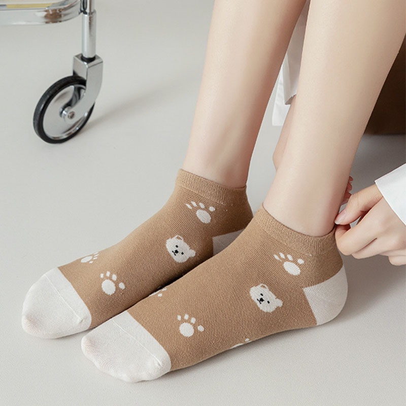 Set 5 Đôi Tất Cotton Mềm Mại Thoáng Khí In Hình Gấu Đáng Yêu Cho Nữ