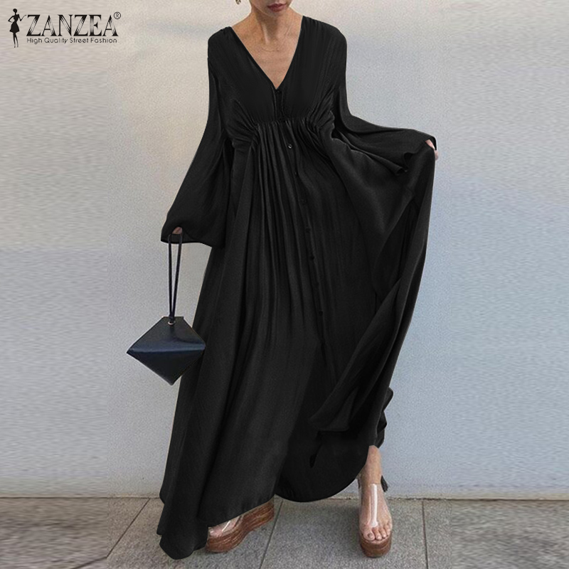Đầm Maxi ZANZEA Tay Loe Cổ Tim Thời Trang Thanh Lịch Dành Cho Nữ