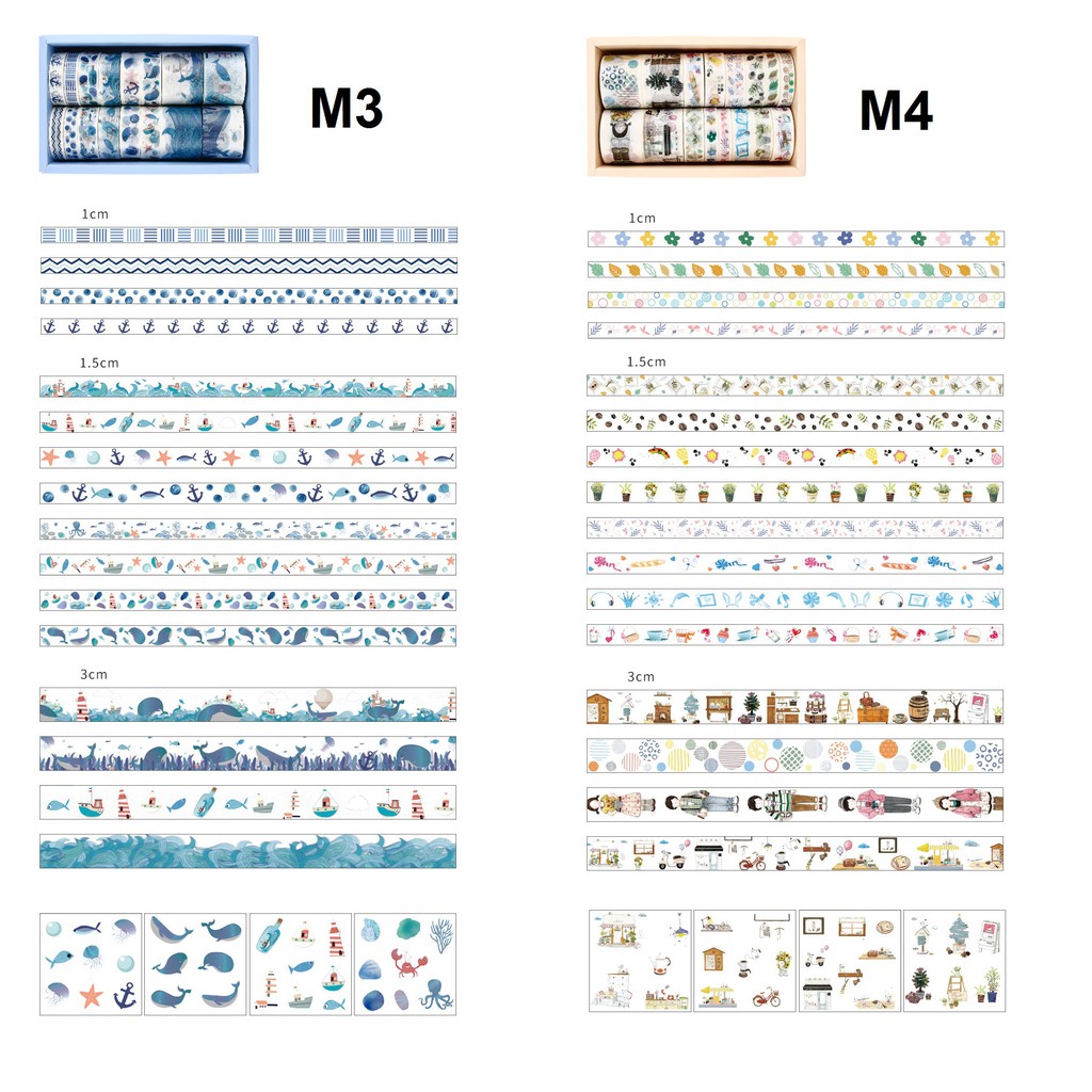HỘP 16 WASHI TAPE + 8 TẤM STICKER TRANG TRÍ SCRAPBOOK, PLANNER