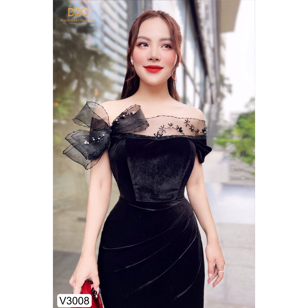 VÁY ĐEN NHUNG PHỐI REN NGỰC THIẾT KẾ CAO CẤP  V3008-DVC