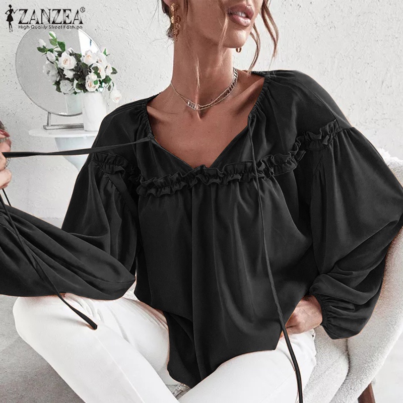 ZANZEA Áo Kiểu Nữ Dài Tay Cổ Tròn Cột Dây Thời Trang Châu Âu