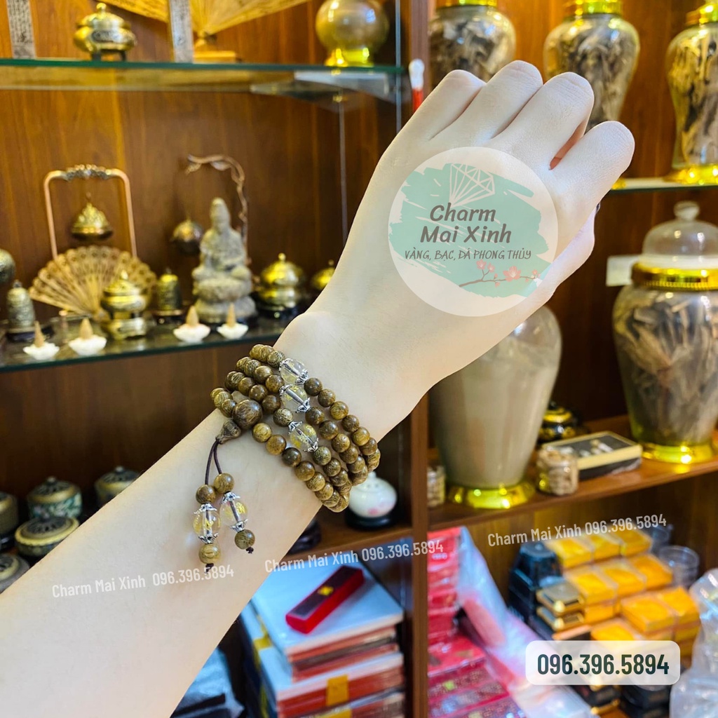 Chuỗi Trầm Hương Tốc 108 hạt 6mm + charm Đá Ngũ Bảo Tây Tạng khắc chú chữ Phạn Omani - Vòng Tay Gỗ tự nhiên Nam Nữ