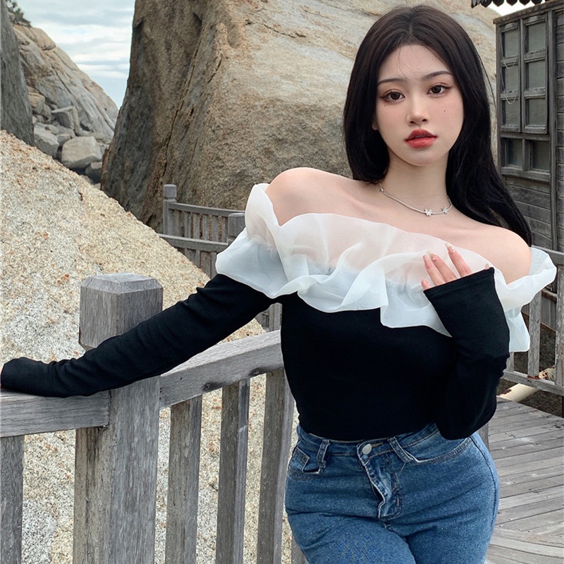 Áo Kiểu Tay Dài Trễ Vai Phối Lưới Thời Trang Mùa Hè Quyến Rũ Cho Nữ