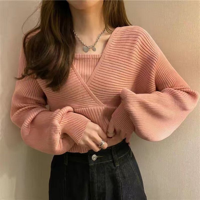 Áo Len nữ  tay cánh dơi mix 2 dây giả điệu đà bo gấu
