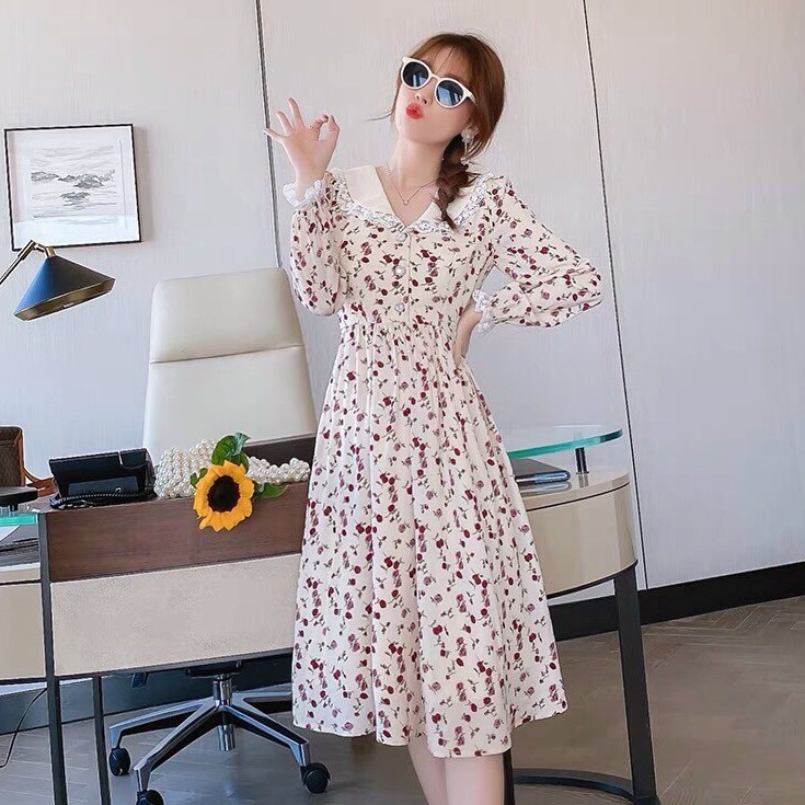 Đầm nữ voan hoa họa tiết xinh xắn, tay dài cổ viền ren dễ thương phong cách Hàn Quốc Zashopp