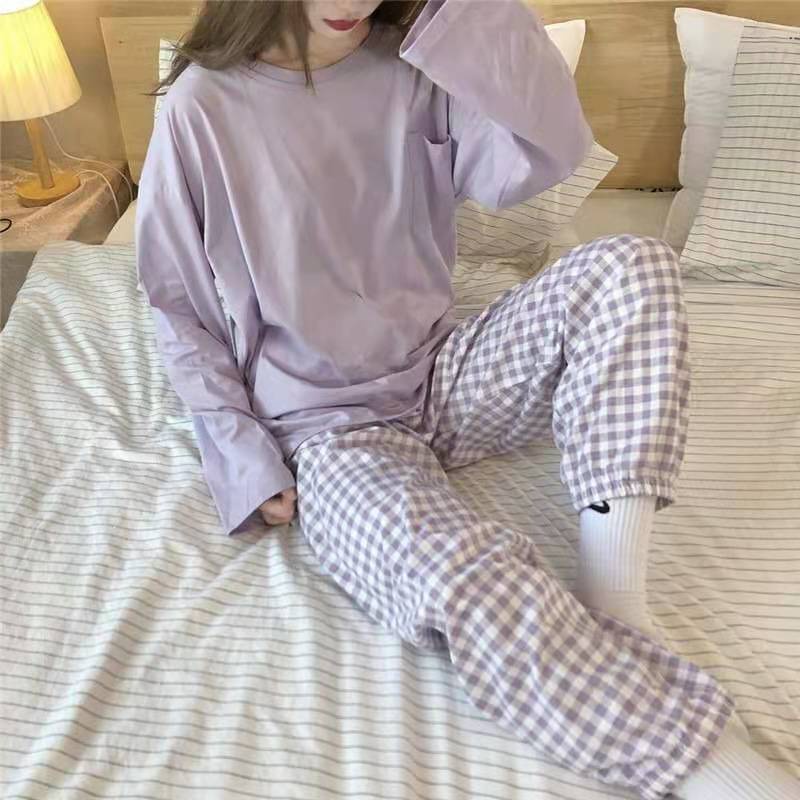 Bộ đồ ngủ dài tay hoa văn kẻ ô phong cách hàn quốc ngọt ngào