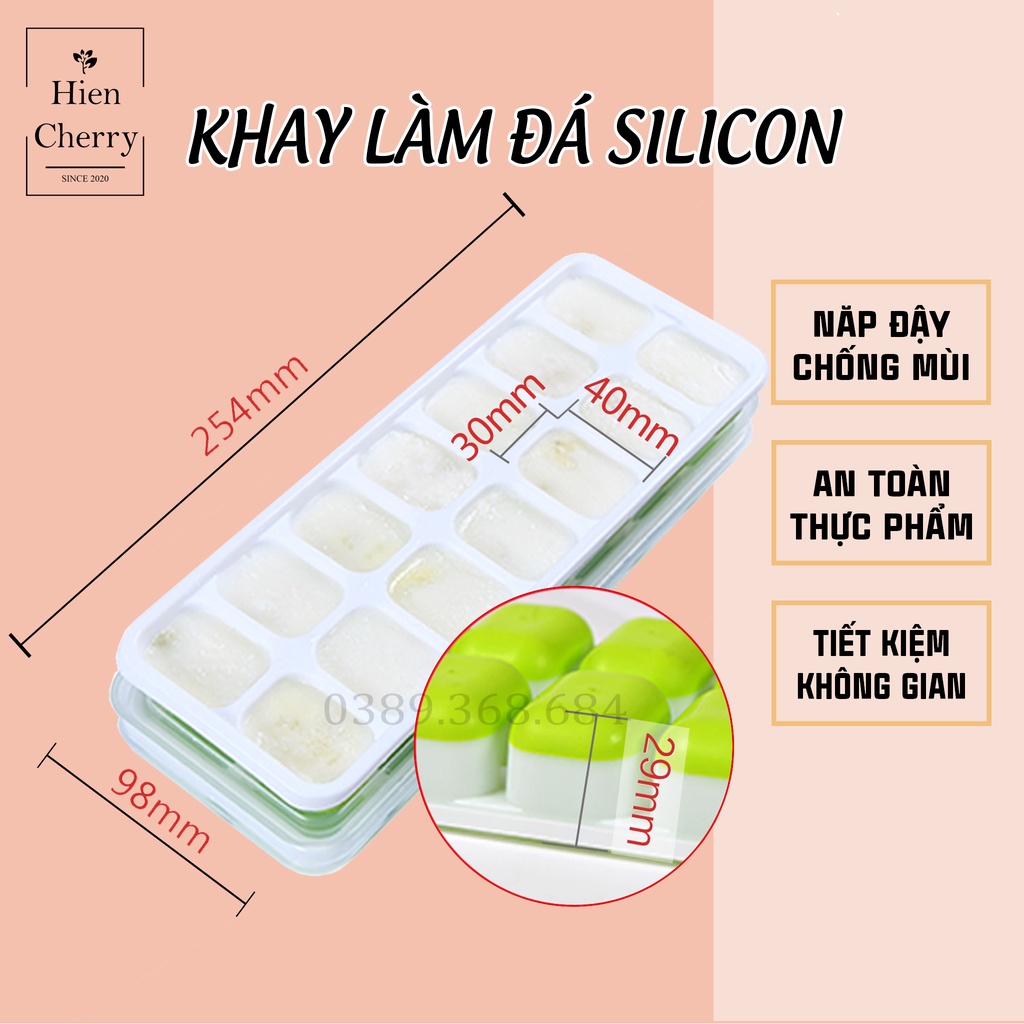 Khay đá silicon có nắp đậy 14 viên, khay làm đá tủ lạnh, làm thạch, bảo quản chống mùi