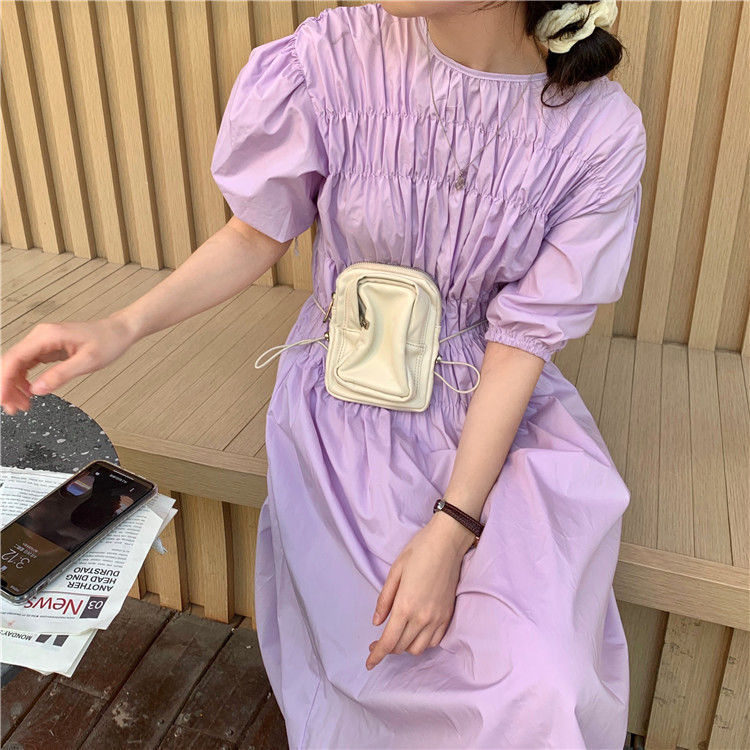 Đầm tay ngắn cổ tròn dáng ôm màu sắc đơn giản trẻ trung phong cách nhật bản