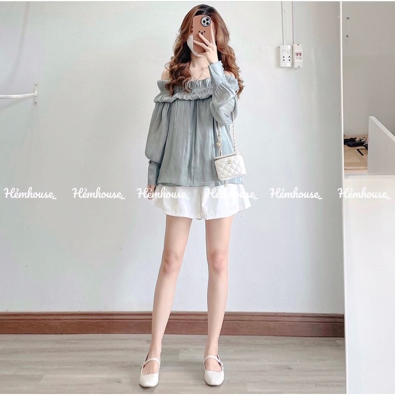 Set áo voan vẹt vai bo chun tay phồng kèm quần short,đầm nữ thời trang siêu xinh trẻ trung năng động
