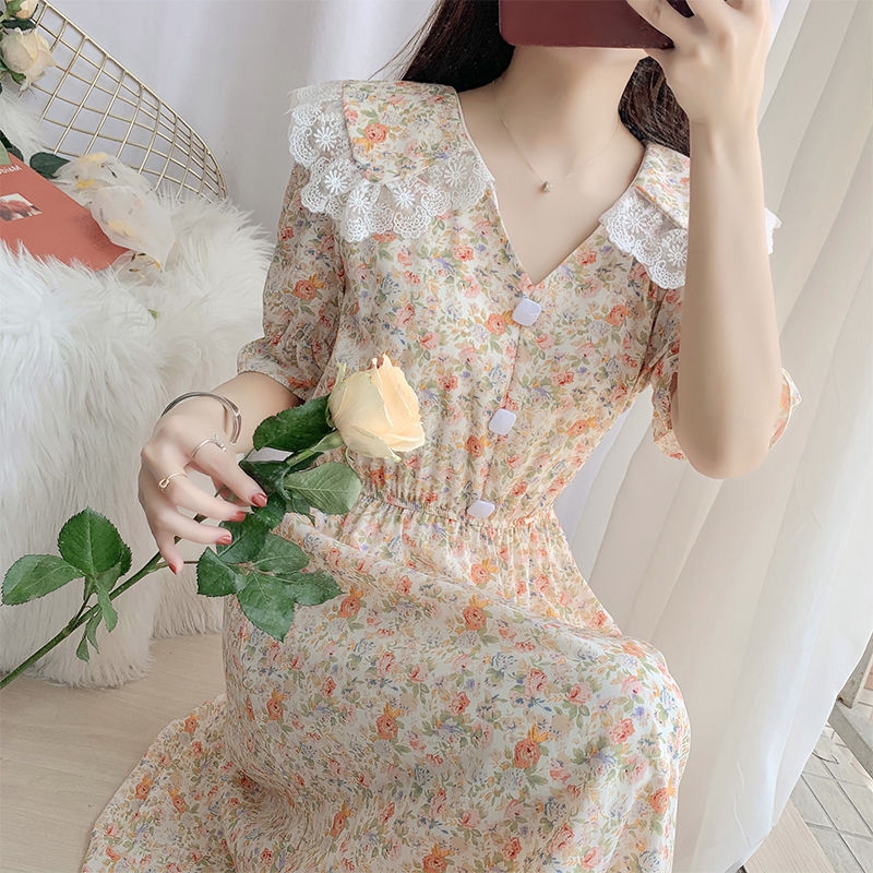 Đầm cổ búp bê phối ren họa tiết hoa dễ thương thời trang dành cho nữ