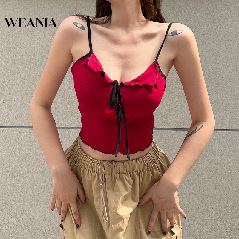 Áo Croptop Hai Dây Hở Lưng Phối Bèo Màu Khối Thời Trang Cho Nữ