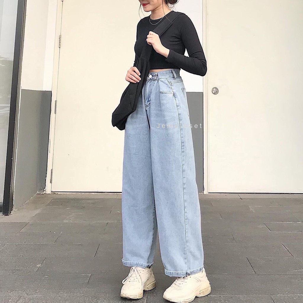 Quần bò ống suông cạp cao cài khuy nữ - Culottes jean dáng rộng thiết kế basic, trẻ trung, năng động style Ulzzang