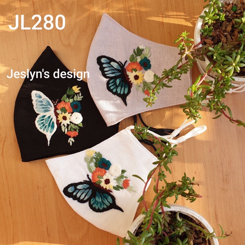 Khẩu trang thêu tay vải linen hình hoa JL280