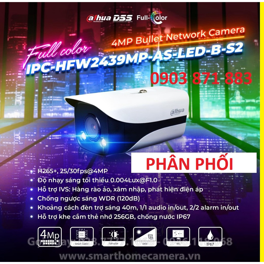 Camera IP Full Color IPC-HFW 2439MP-AS-LED-B-S2 thân to, ban đêm có màu - ĐẠI LÝ CAMERA DAHUA SỈ