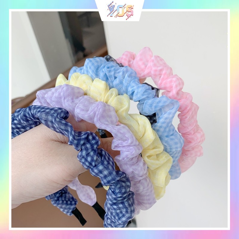 [Mã SKAMCLU8 giảm 10% cho đơn từ 100K] Băng đô cài tóc bọc vải voan caro Scrunchies xinh xắn