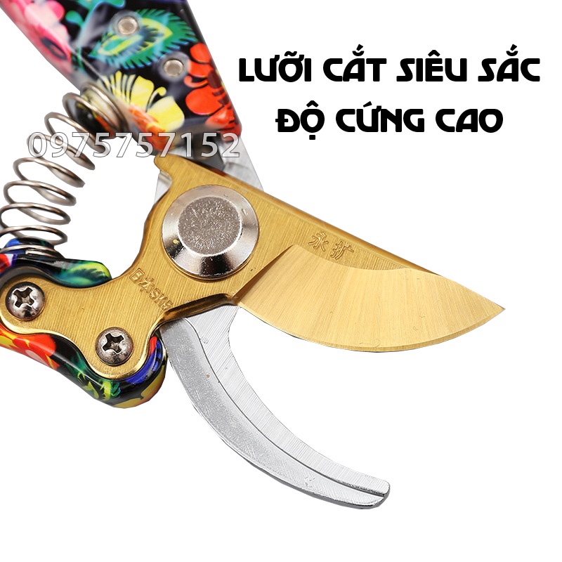 Kéo cắt cành trợ lực thép Nhật SK-5 V10, kéo cắt cây cảnh đa năng cán nhôm đúc nguyên khối in hoa ngũ sắc siêu sắc nét